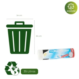 Bolsa para Basura 35 litros resistente y biodegradable, perfecta para residuos ligeros.