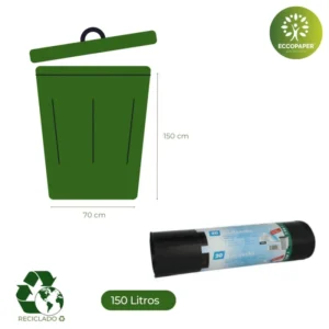 Sacos Extra para Basura 150 Litros, ideales para comercios, reciclables y con gran capacidad.