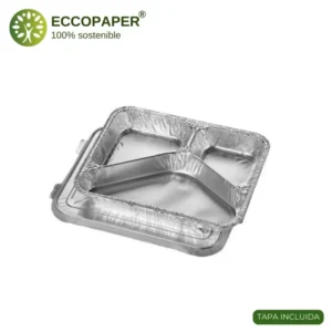 Bandejas de Aluminio con Tapa 760ml, ideales para comidas individuales en servicios de comida a domicilio.