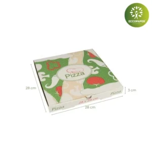 Cajas de cartón para pizza 28x28x3cm ideal para pizzerías responsables con el planeta.