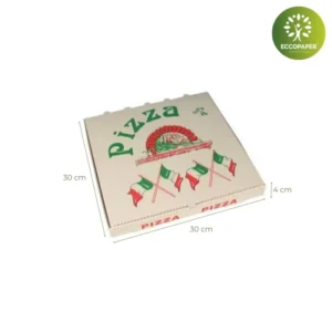 Cajas para pizza de 33x33x4cm diseñada para pizzerías responsables con el medio ambiente.