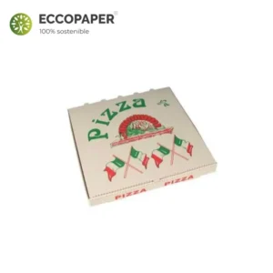 Cajas sostenible de 33x33x4cm ideal para pizzas grandes con opciones de personalización.