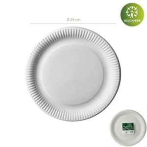 Platos redondos biodegradables Ø29cm para eventos responsables y elegantes.