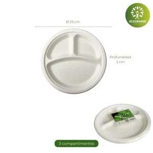 Platos redondos biodegradables Ø23x2cm para mesas sostenibles y prácticas.