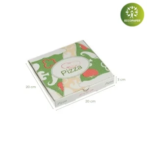 Cajas para pizza de 20x20x3cm fabricada con cartón sostenible y ecológico.