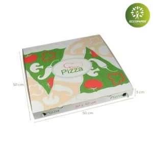 Cajas para pizza de 50x50x5cm fabricada con cartón alimentario reciclable.