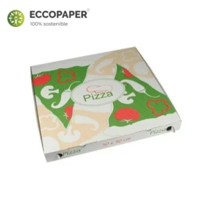 Cajas ecológica de 50x50x5cm ideal para pizzerías responsables y sostenibles.