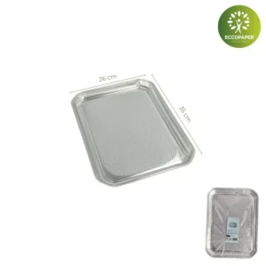 Bandejas de Aluminio 35x26cm, versátiles para transporte y almacenamiento seguro de alimentos.