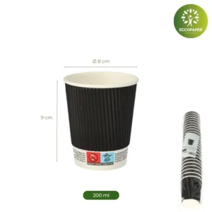 Vasos ecológicos de 200ml ideales para cafeterías y eventos.