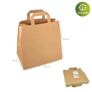 Bolsas Kraft Take Away 25x17x26cm fabricadas con materiales biodegradables.