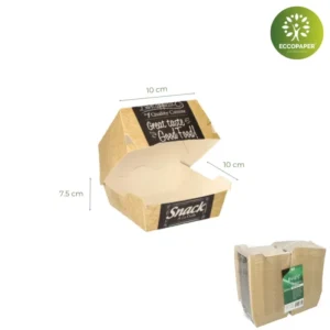 Cajas ecológica para hamburguesas, tamaño compacto de 7.5x10x10cm, ideal para porciones pequeñas.