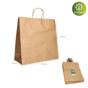 Bolsas Kraft 26x12x35cm fabricadas con materiales biodegradables.