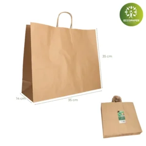 Bolsa de papel Kraft 35x14x35cm ideal para tiendas de ropa y complementos.