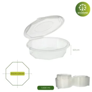 Envase Octogonal 1.000ml resistente y reciclable para alimentos calientes.