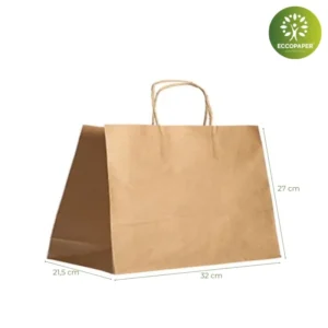 Bolsa Kraft Take Away 32x21.5x27cm ecológica y resistente para transporte seguro de comida.