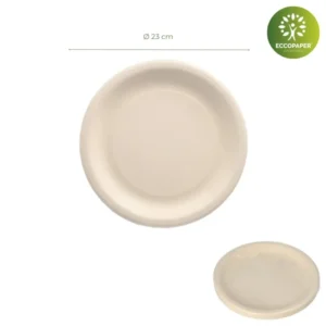 Platos redondos biodegradables Ø23cm para eventos responsables.
