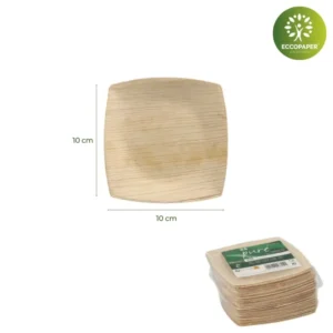Platos Cuadrados 10x10x1.5cm de fibra fresca, ideales para reuniones sostenibles.