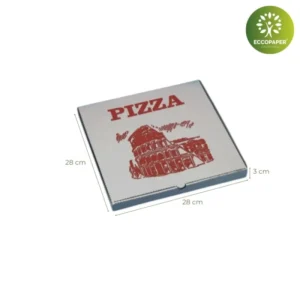 Cajas para pizza de 28x28x3cm fabricada con cartón reciclable y personalizable.