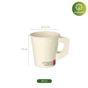 Vasos de cartón con asa 180ml para bebidas calientes, diseño práctico y ecológico.