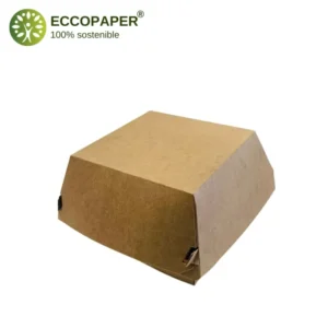 Empaque ecológico para hamburguesas, tamaño 14x14.5x10cm, ideal para negocios comprometidos con la sostenibilidad.