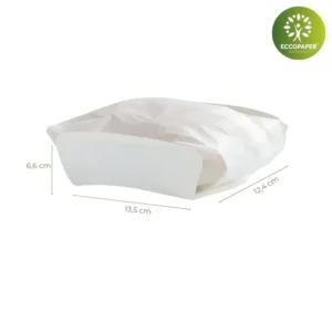 Envase biodegradable para bocadillos 13.5x12.4x6.6cm, ideal para comida rápida.