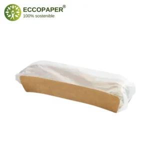 Envase para bocadillos 25x9x6cm, resistente y fabricado con materiales biodegradables.