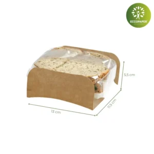 Envase biodegradable para bocadillos 13x11.5x5.5cm, ideal para llevar.