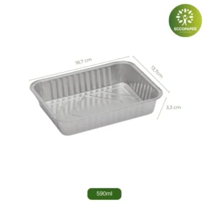 Bandejas de Aluminio 18.7x13.7x3.3cm, versátiles para almacenar alimentos sólidos o líquidos.