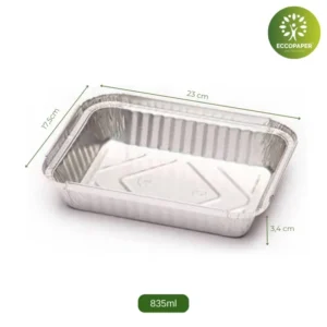 Bandejas de Aluminio 23x17.5x3.4cm, compactas y versátiles para catering y comida a domicilio.