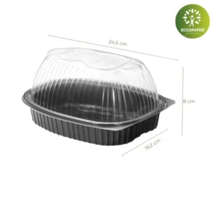 Envase sostenible para pollos asados 24.5x19.2x8cm, ideal para restaurantes.