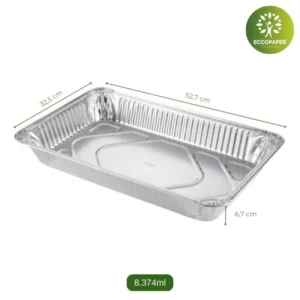 Bandejas de Aluminio 52.7x32.5x6.7cm, resistentes y funcionales, perfectas para alimentos voluminosos.