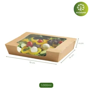 Ensaladera formato caja 19x14x4cm con ventana para presentación de alimentos.