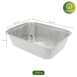 Bandejas de Aluminio 32.4x26.4x6cm, diseñadas para conservar la frescura de alimentos elaborados.