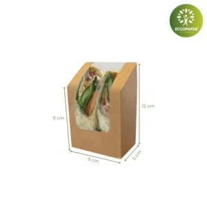 Envase sostenible para bocadillos 9x5x9x12cm, ideal para comercio responsable.