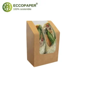 Envase biodegradable para bocadillos 9x5x9x12cm, diseñado para street food.