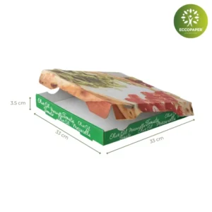 Cajas para pizza de 33x33x3.5cm ideal para pizzerías comprometidas con la sostenibilidad.