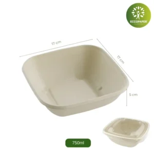 Bowl cuadrado 750ml ecológico, ideal para negocios sostenibles.