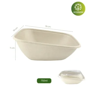 Bowl cuadrado 750ml resistente, diseñado para servicios de comida rápida.