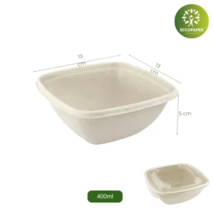 Bowl cuadrado 375ml resistente, ideal para raciones pequeñas.