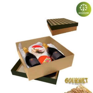 Cajas Gourmet 35x32x10cm con cartón ecológico y diseño adaptable para múltiples usos.