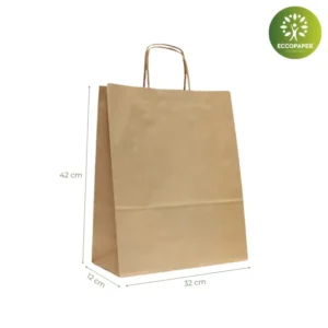 Bolsas Kraft 32x12x42cm, prácticas para tiendas de moda y librerías sostenibles.