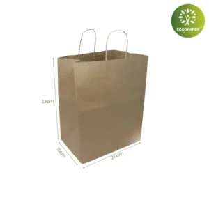 Bolsas Take Away 26x15x32cm: Bolsa de papel kraft biodegradable, perfecta para empaques en restaurantes y comida para llevar.