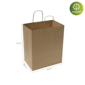 Bolsas Take Away 33x18x41cm: Bolsa kraft ecológica, ideal para el empaquetado de comida rápida y transporte de productos a domicilio.