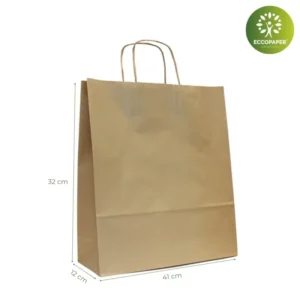 Bolsa Kraft 41x12x32cm sostenible y resistente, ideal para tiendas de moda y complementos.