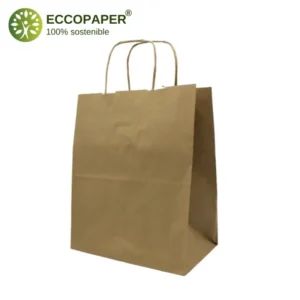 Bolsas Take Away 26x15x32cm: Bolsa kraft ecológica perfecta para empaques en restaurantes de comida rápida, con asa resistente.