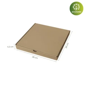 Cajas para pizza de 26x26x4.2cm fabricada con cartón alimentario para pizzas grandes.