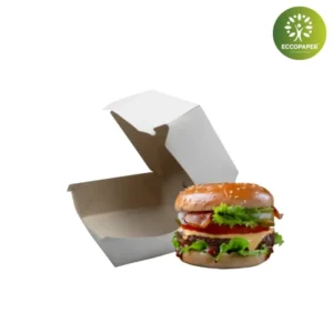 Cajas de cartón sostenible para hamburguesas, tamaño 10x10x8cm, ideal para negocios ecológicos.